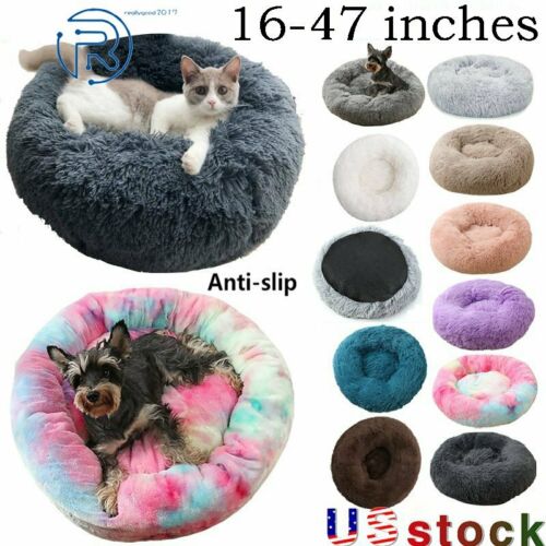 16-47" Donut Plush Pet Dog Cat Bed Fluffy Soft Warm Calming Bed Sleeping Kennel