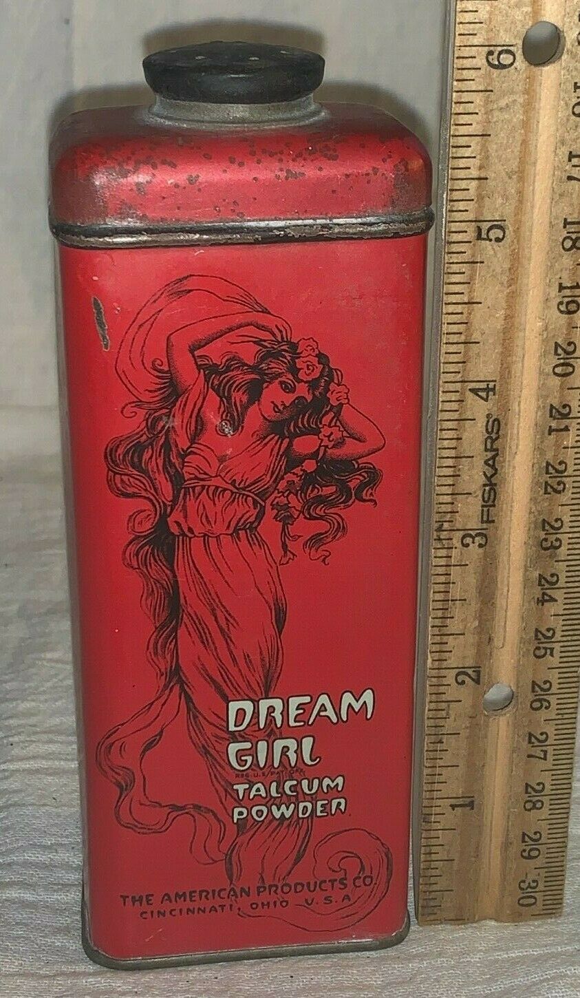 Antique Dream Girl Talcum Powder Tin Litho Can Cincinnati Oh Talc Bath Toilet