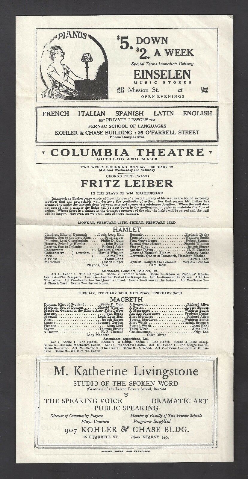 Fritz Leiber "hamlet" John Burke / Columbia Theatre 1923 San Francisco Broadside