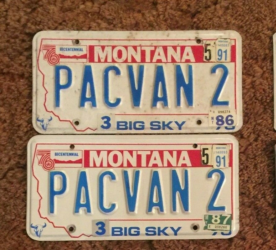 Set Of 2 Vanity Packvan 2 Montana License Plates With Expired Stickers 1986-1991