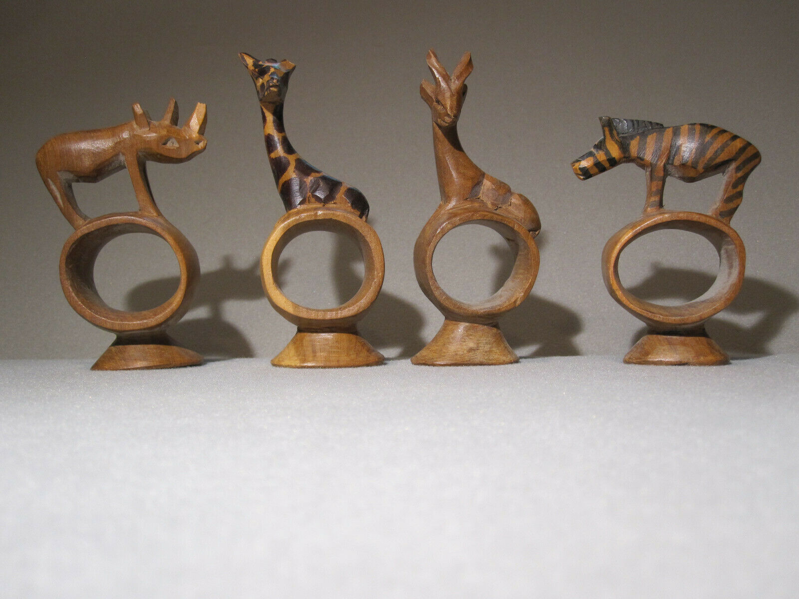 Vintage Hand Carved In Kenya Wooden Safari Animals "set Of 4" Napkin Rings Plus