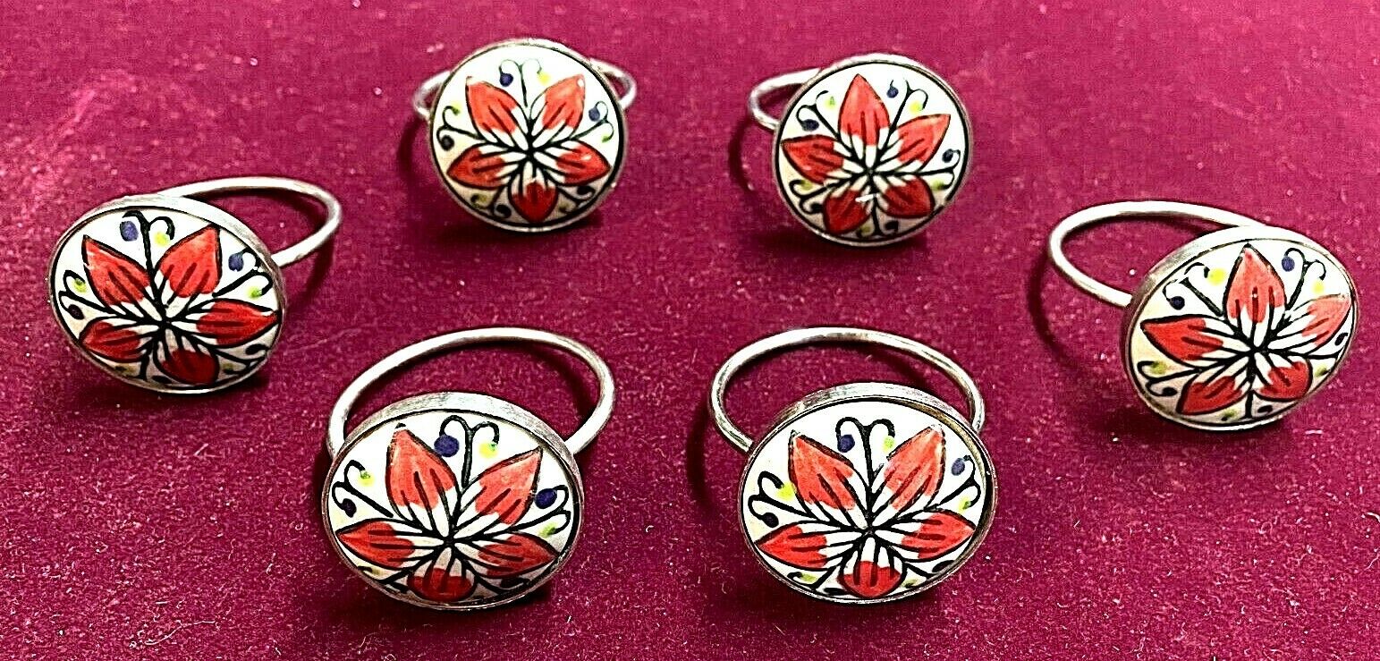 (6) Floral Napkin Rings Made In India / Ceramic Orange And White Design