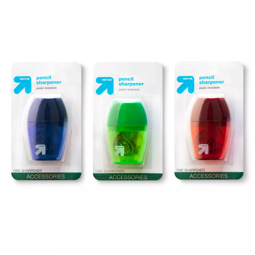 Up&up - Pencil Sharpener, 1 Hole With Plastic Receptacle 3ct (assorted Colors)