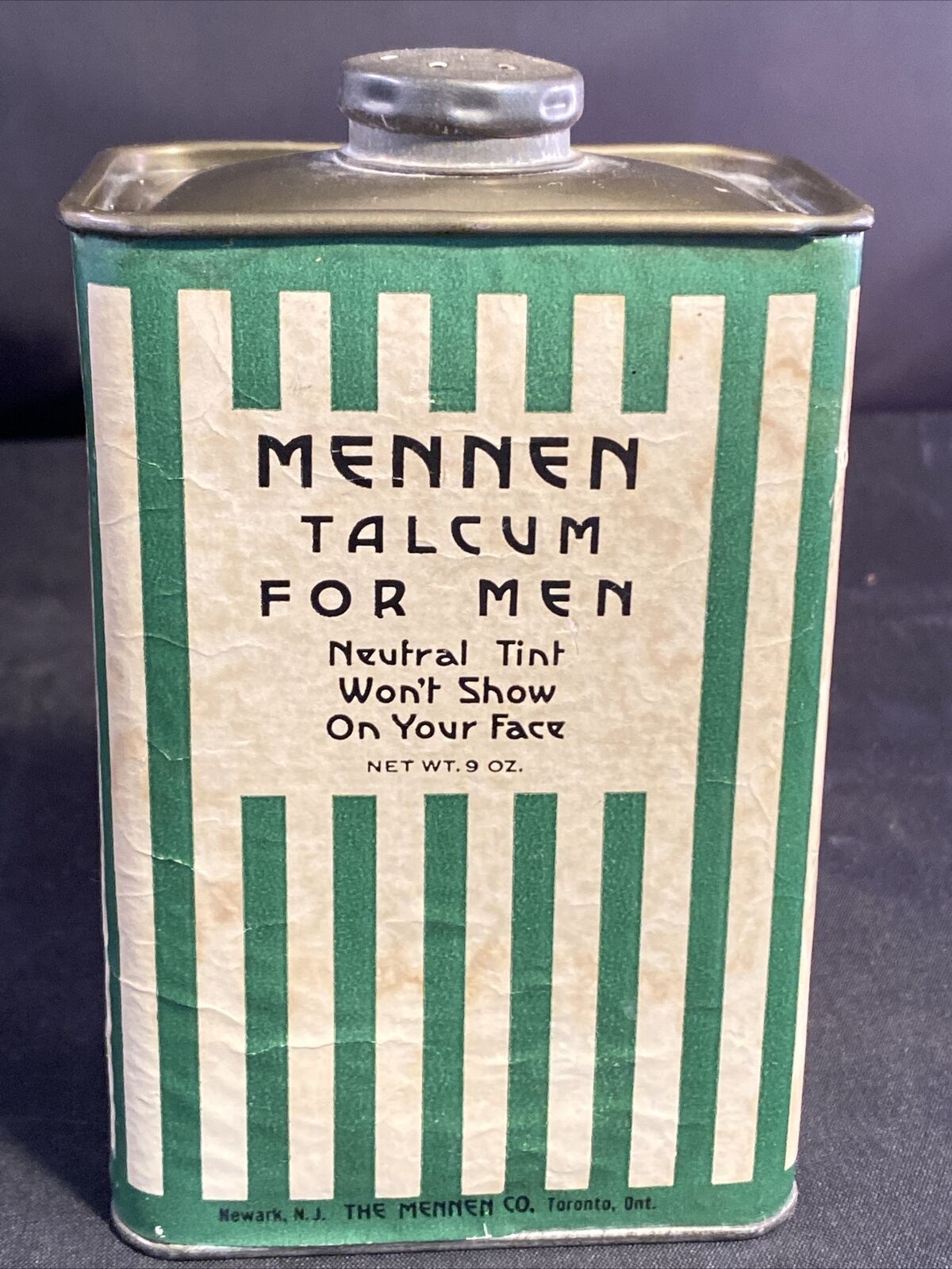 Vintage Mennen Talcum For Men 9oz. Tin Paperboard Can Green/white Stripe