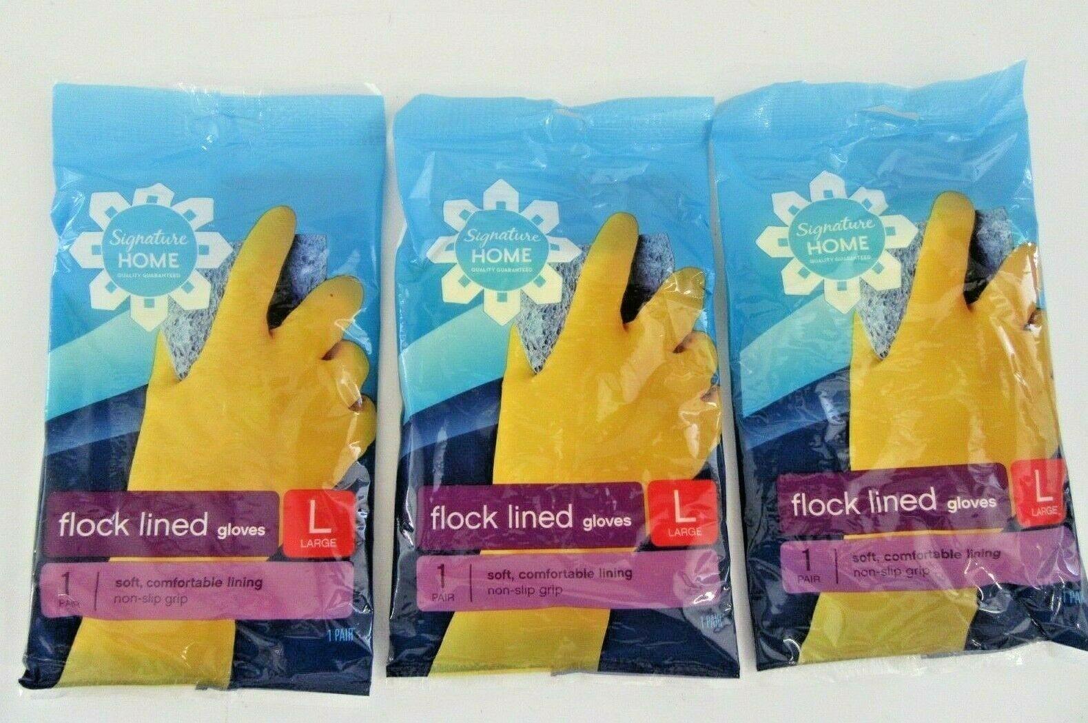 (3 Pair) Rubber Gloves Large Dish Washing Cleaning Kitchen Flock Lined Household