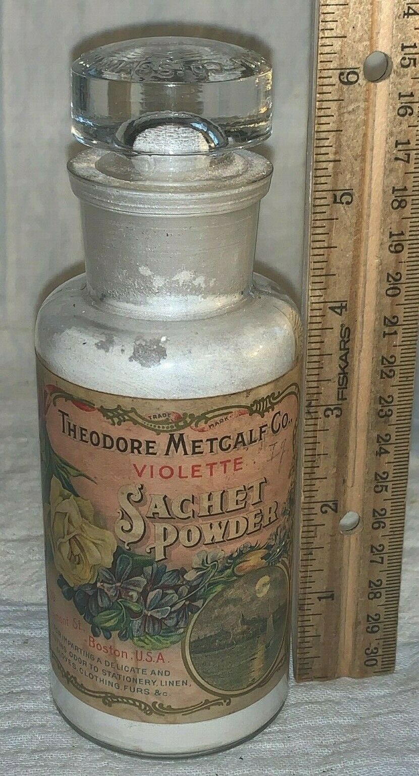Antique Theodore Metcalf Violette Sachet Powder Talc Talcum Embossed Jar N/ Tin