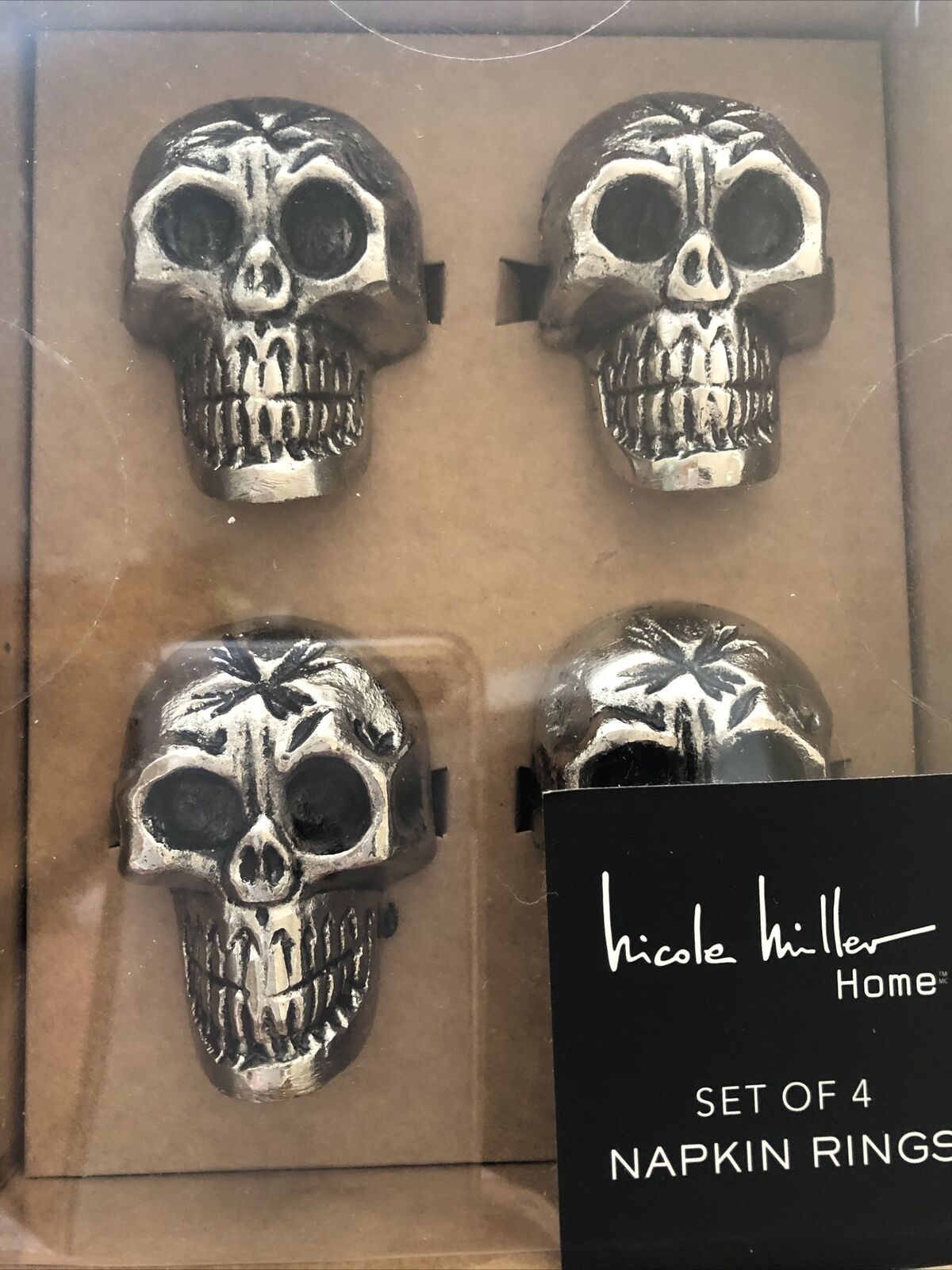 Nicole Miller Silver "skull"  Halloween  Napkin Rings Two Boxes