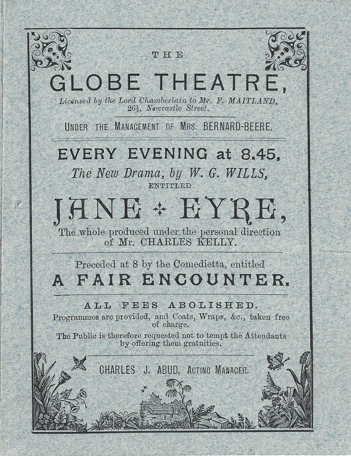 Charlotte Bronte "jane Eyre" Mrs. Bernard Beere / W.g. Wills 1882 London Program