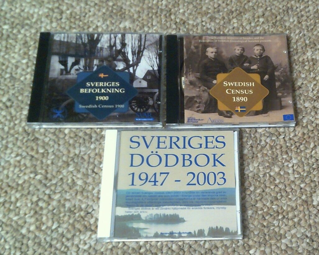 3 Swedish Genealogy Cd-roms. 1890 & 1900 Swedish Census & Sveriges Dodbok