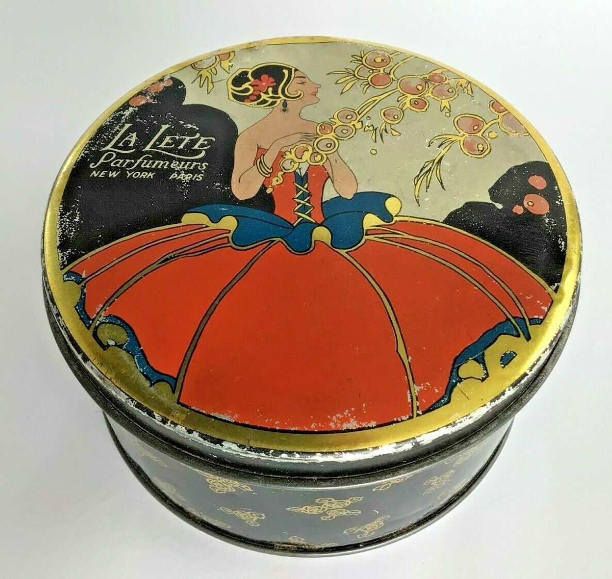 Vtg Art Deco Antique Round Talcum Bath Powder Tin With Lid La Lete Parfumeurs