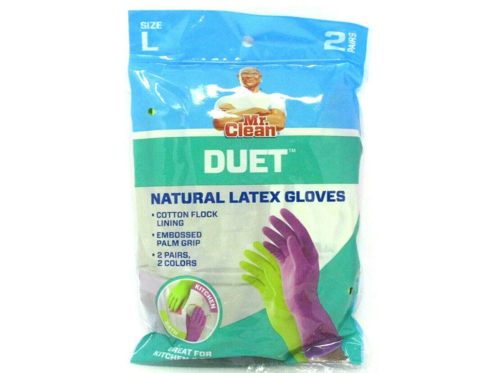 Mr Clean Duet Natural Latex Gloves Beaded Cuff Cotton Flock Lining 2 Pairs Large