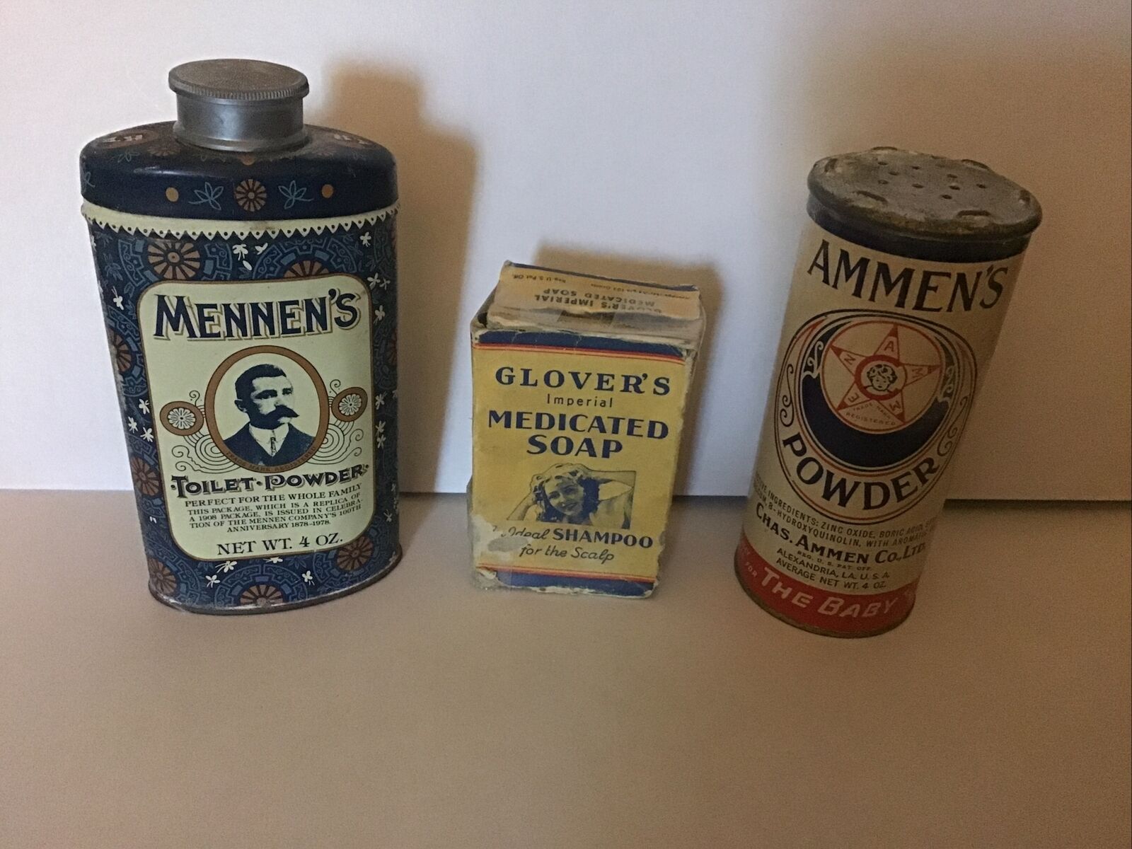 Vintage Mennen’s Toilet Powder Tin, Glover’s Medicated Soap, Ammen’s Powder