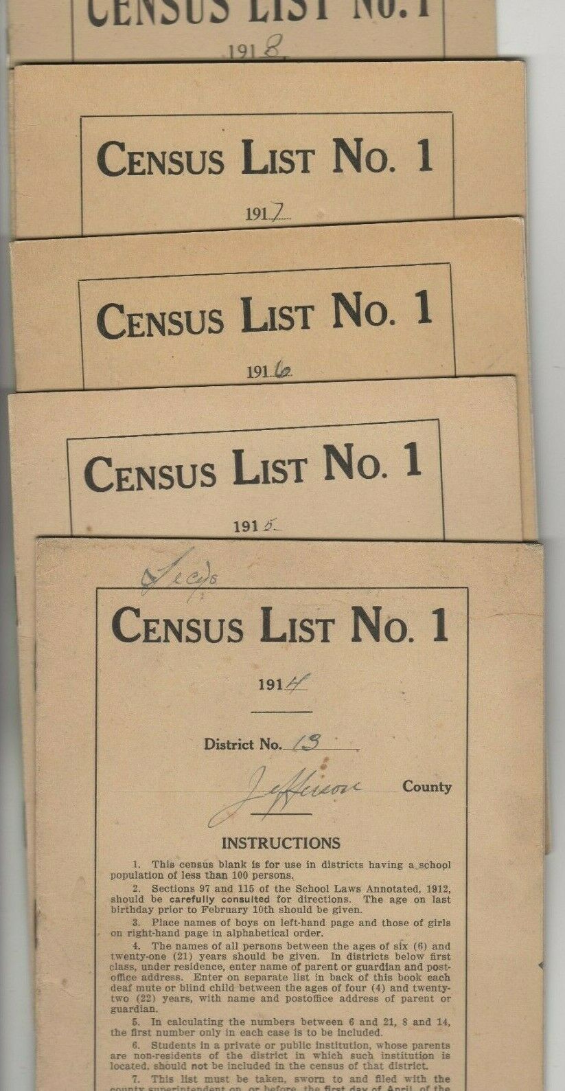 6 Census Booklets-jefferson County-colorado-1914-1915-1916-1917-1918-dist 13