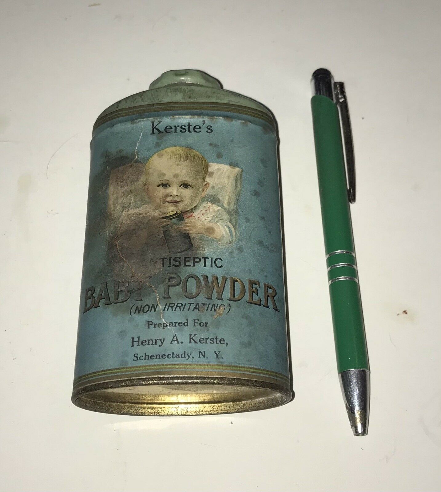 Very Rare One Of A Kind Henry Kerste Baby Powder Tin Schenectady Ny Paper Label