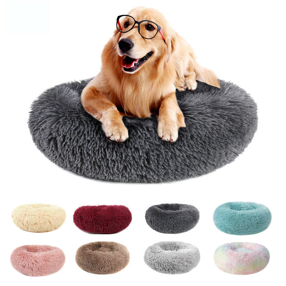 Donut Pet Dog Cat Calming Bed Ultra Warm Soft Long Plush Round Sleeping Bed