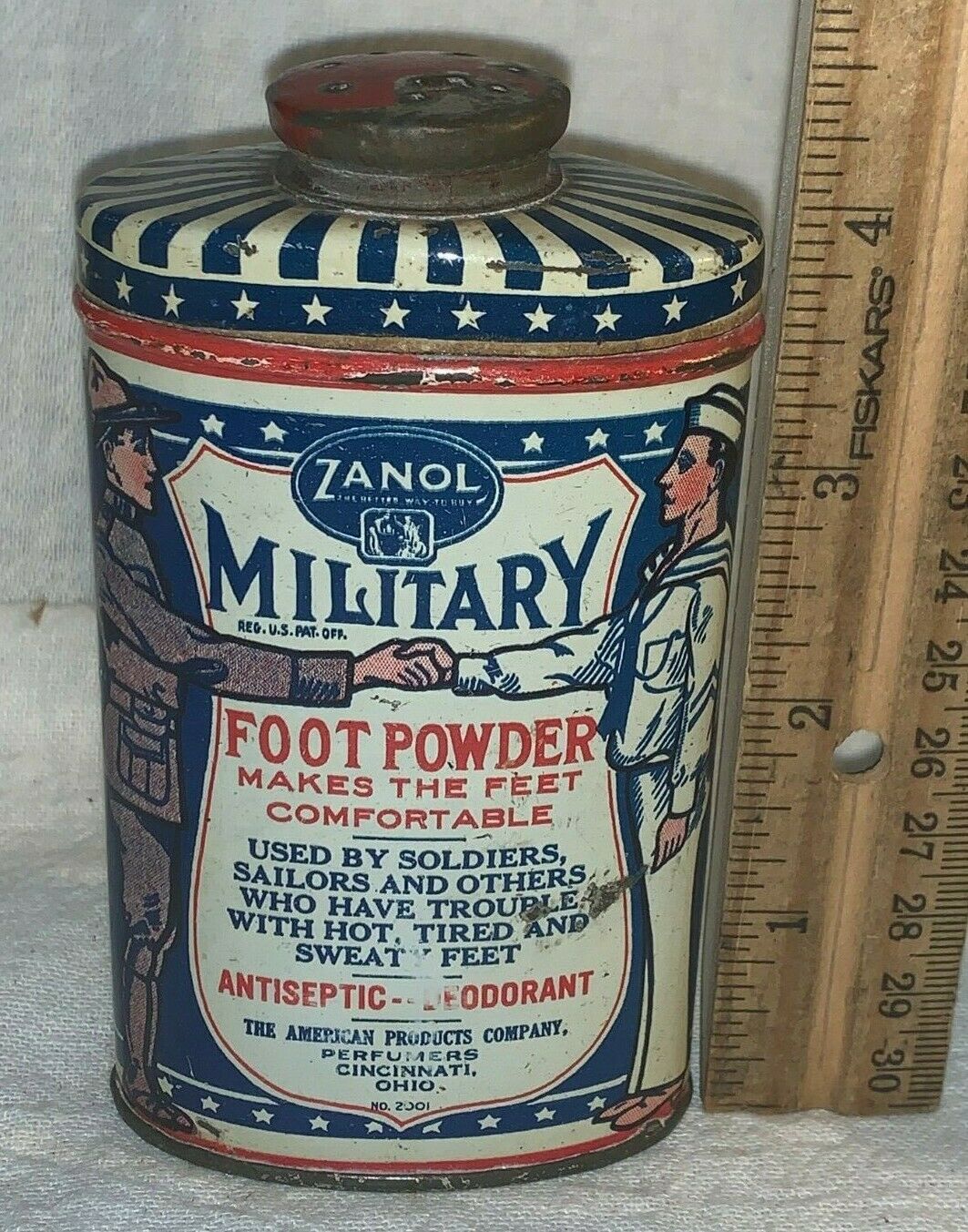 Antique Zanol Military Foot Powder Tin Litho Talc Talcum Medicine Can Cincinnati