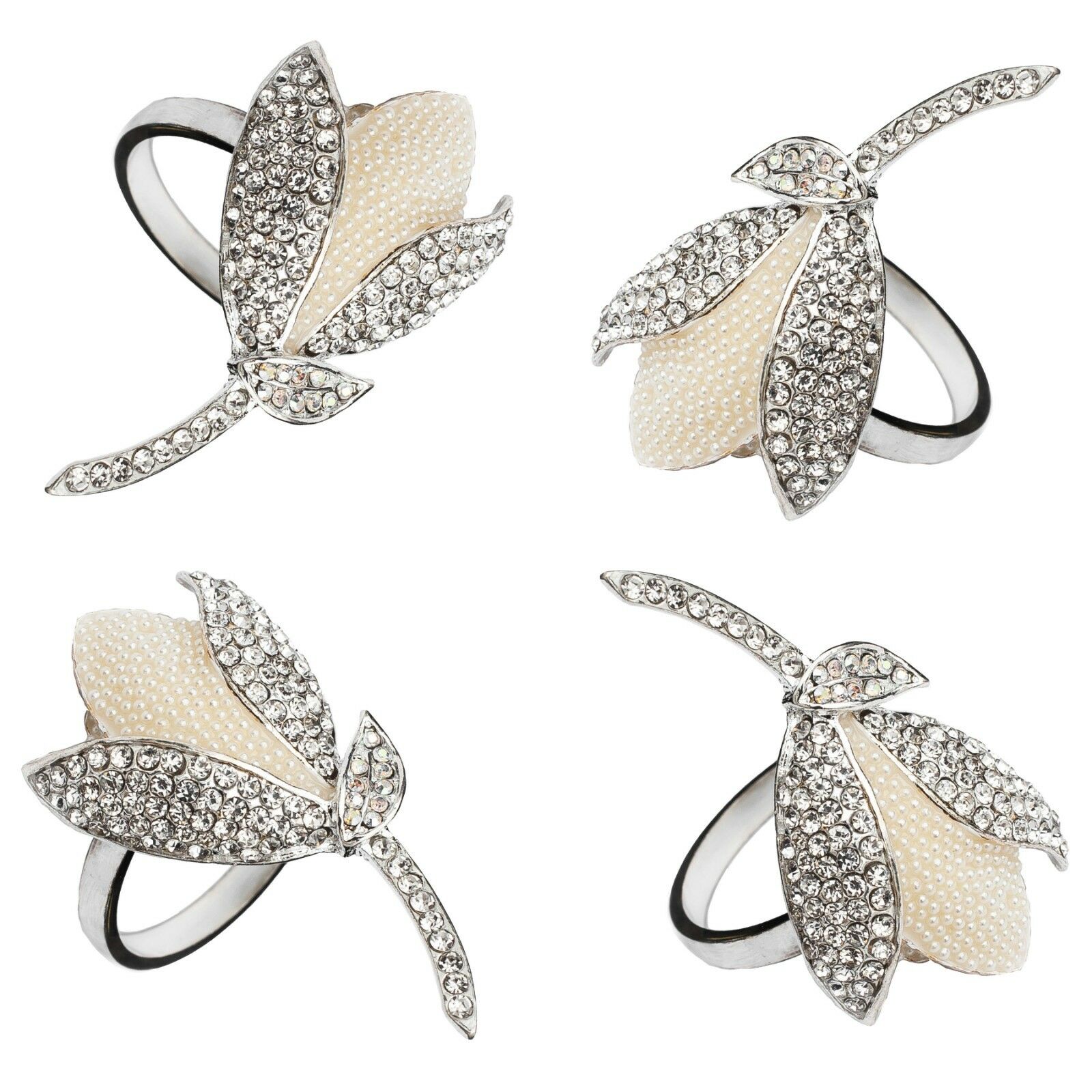 Fancy Tulipe Flower With Crystals Napkin Rings Set Of 4