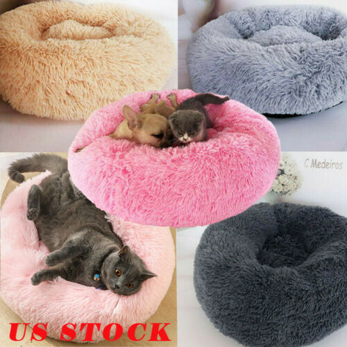 Donut Plush Pet Dog Cat Bed Fluffy Soft Warm Calming Bed Sleeping Kennel Nest Us
